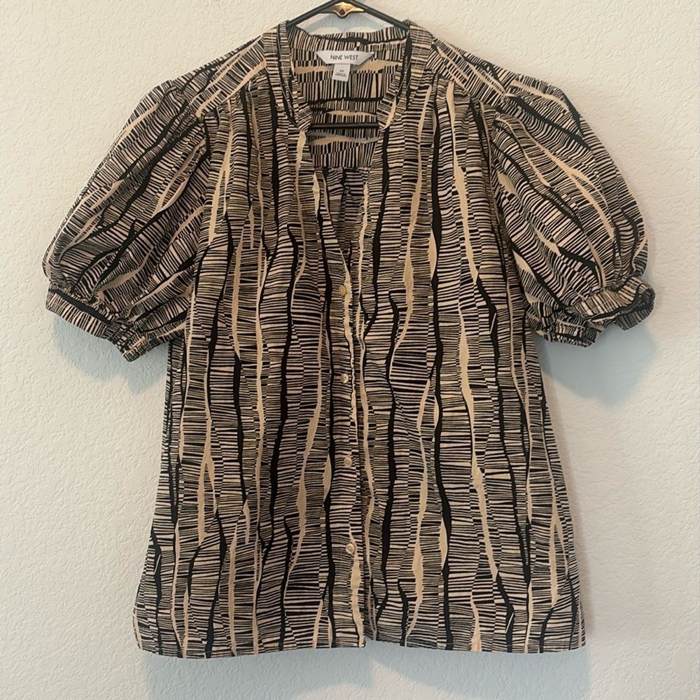 Nine West Women’s Puff Sleeve Button Up Striped Blouse Shirt Size M